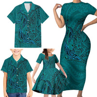 Hawaiian Whales Polynesian Art Motifs Family Matching Short Sleeve Bodycon Dress and Hawaiian Shirt Turquoise Color LT03 - Polynesian Pride