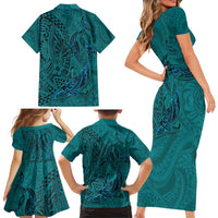 Hawaiian Whales Polynesian Art Motifs Family Matching Short Sleeve Bodycon Dress and Hawaiian Shirt Turquoise Color LT03 - Polynesian Pride