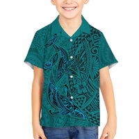 Hawaiian Whales Polynesian Art Motifs Family Matching Short Sleeve Bodycon Dress and Hawaiian Shirt Turquoise Color LT03 Son's Shirt Turquoise - Polynesian Pride
