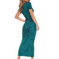 Hawaiian Whales Polynesian Art Motifs Short Sleeve Bodycon Dress Turquoise Color - Polynesian Pride