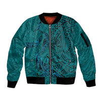 Hawaiian Whales Polynesian Art Motifs Sleeve Zip Bomber Jacket Turquoise Color LT03 Unisex Turquoise - Polynesian Pride