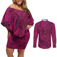 Hawaiian Whales Polynesian Art Motifs Couples Matching Off Shoulder Short Dress and Long Sleeve Button Shirt Pink Color - Polynesian Pride
