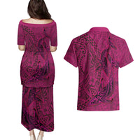 Hawaiian Whales Polynesian Art Motifs Couples Matching Puletasi and Hawaiian Shirt Pink Color - Polynesian Pride