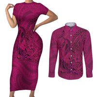 Hawaiian Whales Polynesian Art Motifs Couples Matching Short Sleeve Bodycon Dress and Long Sleeve Button Shirt Pink Color LT03 Pink - Polynesian Pride