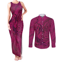Hawaiian Whales Polynesian Art Motifs Couples Matching Tank Maxi Dress and Long Sleeve Button Shirt Pink Color - Polynesian Pride