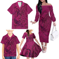 Hawaiian Whales Polynesian Art Motifs Family Matching Off The Shoulder Long Sleeve Dress and Hawaiian Shirt Pink Color LT03 - Polynesian Pride