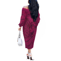 Hawaiian Whales Polynesian Art Motifs Off The Shoulder Long Sleeve Dress Pink Color - Polynesian Pride