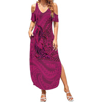 Hawaiian Whales Polynesian Art Motifs Summer Maxi Dress Pink Color - Polynesian Pride