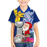 Custom Northern Mariana Islands Christmas Family Matching Long Sleeve Bodycon Dress and Hawaiian Shirt Funny Santa Hug Latte Stone Ylang-ylang and Polynesia Pattern Blue LT03 Son's Shirt Blue - Polynesian Pride