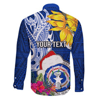 Custom Northern Mariana Islands Christmas Family Matching Off Shoulder Short Dress and Hawaiian Shirt Funny Santa Hug Latte Stone Ylang-ylang and Polynesia Pattern Blue LT03 - Polynesian Pride