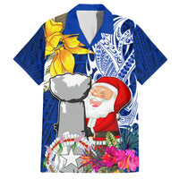Custom Northern Mariana Islands Christmas Family Matching Short Sleeve Bodycon Dress and Hawaiian Shirt Funny Santa Hug Latte Stone Ylang-ylang and Polynesia Pattern Blue LT03 Dad's Shirt - Short Sleeve Blue - Polynesian Pride