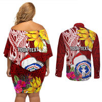 Custom Northern Mariana Islands Christmas Couples Matching Off Shoulder Short Dress and Long Sleeve Button Shirt Funny Santa Hug Latte Stone Ylang-ylang and Polynesia Pattern Red LT03 - Polynesian Pride