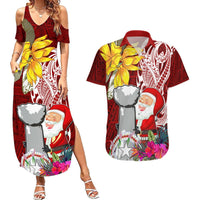 Custom Northern Mariana Islands Christmas Couples Matching Summer Maxi Dress and Hawaiian Shirt Funny Santa Hug Latte Stone Ylang-ylang and Polynesia Pattern Red LT03 Red - Polynesian Pride