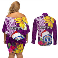 Custom Northern Mariana Islands Christmas Couples Matching Off Shoulder Short Dress and Long Sleeve Button Shirt Funny Santa Hug Latte Stone Ylang-ylang and Polynesia Pattern Pink LT03 - Polynesian Pride