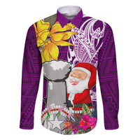 Custom Northern Mariana Islands Christmas Family Matching Mermaid Dress and Hawaiian Shirt Funny Santa Hug Latte Stone Ylang-ylang and Polynesia Pattern Pink LT03 Dad's Shirt - Long Sleeve Pink - Polynesian Pride