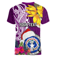 Custom Northern Mariana Islands Christmas Women V Neck T Shirt Funny Santa Hug Latte Stone Ylang-ylang and Polynesia Pattern Pink LT03 - Polynesian Pride