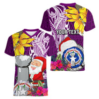 Custom Northern Mariana Islands Christmas Women V Neck T Shirt Funny Santa Hug Latte Stone Ylang-ylang and Polynesia Pattern Pink LT03 - Polynesian Pride