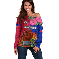 Personalised Haiti Battle of Vertieres Off Shoulder Sweater The Haitian Revolution 220th Anniversary Polynesian Style LT03 Women Red - Polynesian Pride