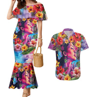 Polynesian Women Couples Matching Mermaid Dress and Hawaiian Shirt Tropical Plant - Vibrant Surreal Dreamscape Vibe LT03 Pink-Purple - Polynesian Pride