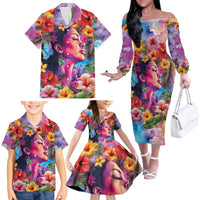 Polynesian Women Family Matching Off The Shoulder Long Sleeve Dress and Hawaiian Shirt Tropical Plant - Vibrant Surreal Dreamscape Vibe LT03 - Polynesian Pride