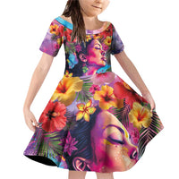 Polynesian Women Family Matching Off Shoulder Short Dress and Hawaiian Shirt Tropical Plant - Vibrant Surreal Dreamscape Vibe LT03 Daughter's Dress Pink-Purple - Polynesian Pride