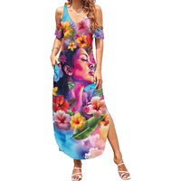 Polynesian Women Family Matching Summer Maxi Dress and Hawaiian Shirt Tropical Plant - Vibrant Surreal Dreamscape Vibe LT03 Mom's Dress Pink-Purple - Polynesian Pride