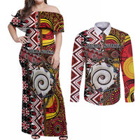Personalised Aotearoa and Australia Together Couples Matching Off Shoulder Maxi Dress and Long Sleeve Button Shirt Koru and Kangaroo - Taniko with Aboriginal Motif