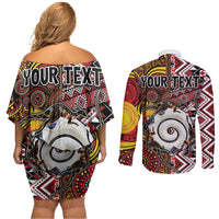 Personalised Aotearoa and Australia Together Couples Matching Off Shoulder Short Dress and Long Sleeve Button Shirt Koru and Kangaroo - Taniko with Aboriginal Motif LT03 - Polynesian Pride