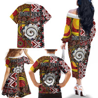Personalised Aotearoa and Australia Together Family Matching Off The Shoulder Long Sleeve Dress and Hawaiian Shirt Koru and Kangaroo - Taniko with Aboriginal Motif LT03 - Polynesian Pride