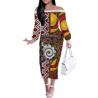 Personalised Aotearoa and Australia Together Family Matching Off The Shoulder Long Sleeve Dress and Hawaiian Shirt Koru and Kangaroo - Taniko with Aboriginal Motif LT03 Mom's Dress Black - Polynesian Pride