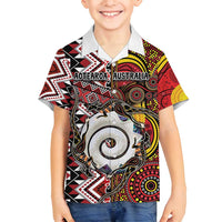 Personalised Aotearoa and Australia Together Family Matching Off Shoulder Maxi Dress and Hawaiian Shirt Koru and Kangaroo - Taniko with Aboriginal Motif LT03 Son's Shirt Black - Polynesian Pride