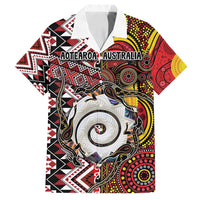 Personalised Aotearoa and Australia Together Family Matching Puletasi and Hawaiian Shirt Koru and Kangaroo - Taniko with Aboriginal Motif LT03 Dad's Shirt - Short Sleeve Black - Polynesian Pride