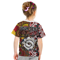 Personalised Aotearoa and Australia Together Kid T Shirt Koru and Kangaroo - Taniko with Aboriginal Motif