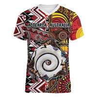 Personalised Aotearoa and Australia Together Women V-Neck T-Shirt Koru and Kangaroo - Taniko with Aboriginal Motif