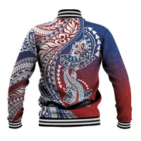 Hawaiian Manta Ray and Hammerhead Shark Tribal Tattoo Baseball Jacket with Polynesian Tribal Pattern Hawaii Flag Color