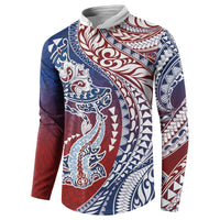 Hawaiian Manta Ray and Hammerhead Shark Tribal Tattoo Button Sweatshirt with Polynesian Tribal Pattern Hawaii Flag Color