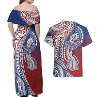 Hawaiian Manta Ray and Hammerhead Shark Tribal Tattoo Couples Matching Off Shoulder Maxi Dress and Hawaiian Shirt with Polynesian Tribal Pattern Hawaii Flag Color LT03 - Polynesian Pride