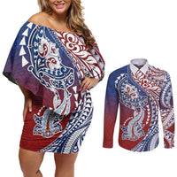 Hawaiian Manta Ray and Hammerhead Shark Tribal Tattoo Couples Matching Off Shoulder Short Dress and Long Sleeve Button Shirt with Polynesian Tribal Pattern Hawaii Flag Color LT03 Multicolor - Polynesian Pride