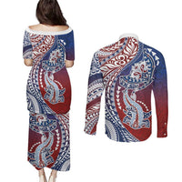 Hawaiian Manta Ray and Hammerhead Shark Tribal Tattoo Couples Matching Puletasi and Long Sleeve Button Shirt with Polynesian Tribal Pattern Hawaii Flag Color LT03 - Polynesian Pride