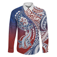 Hawaiian Manta Ray and Hammerhead Shark Tribal Tattoo Family Matching Puletasi and Hawaiian Shirt with Polynesian Tribal Pattern Hawaii Flag Color LT03 Dad's Shirt - Long Sleeve Multicolor - Polynesian Pride