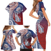 Hawaiian Manta Ray and Hammerhead Shark Tribal Tattoo Family Matching Short Sleeve Bodycon Dress and Hawaiian Shirt with Polynesian Tribal Pattern Hawaii Flag Color LT03 - Polynesian Pride