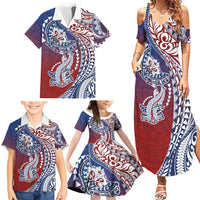 Hawaiian Manta Ray and Hammerhead Shark Tribal Tattoo Family Matching Summer Maxi Dress and Hawaiian Shirt with Polynesian Tribal Pattern Hawaii Flag Color LT03 - Polynesian Pride