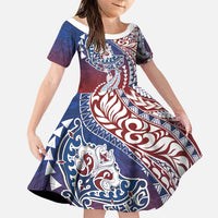 Hawaiian Manta Ray and Hammerhead Shark Tribal Tattoo Family Matching Tank Maxi Dress and Hawaiian Shirt with Polynesian Tribal Pattern Hawaii Flag Color LT03 Daughter's Dress Multicolor - Polynesian Pride