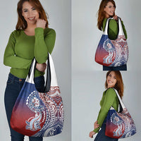 Hawaiian Manta Ray and Hammerhead Shark Tribal Tattoo Grocery Bag with Polynesian Tribal Pattern Hawaii Flag Color