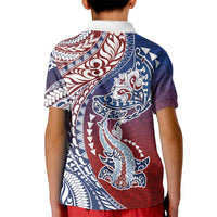 Hawaiian Manta Ray and Hammerhead Shark Tribal Tattoo Kid Polo Shirt with Polynesian Tribal Pattern Hawaii Flag Color