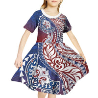 Hawaiian Manta Ray and Hammerhead Shark Tribal Tattoo Kid Short Sleeve Dress with Polynesian Tribal Pattern Hawaii Flag Color LT03 - Polynesian Pride