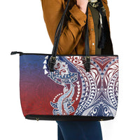 Hawaiian Manta Ray and Hammerhead Shark Tribal Tattoo Leather Tote Bag with Polynesian Tribal Pattern Hawaii Flag Color