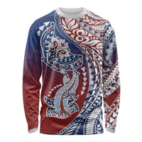Hawaiian Manta Ray and Hammerhead Shark Tribal Tattoo Long Sleeve Shirt with Polynesian Tribal Pattern Hawaii Flag Color