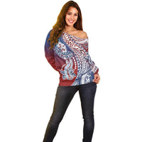 Hawaiian Manta Ray and Hammerhead Shark Tribal Tattoo Off Shoulder Sweater with Polynesian Tribal Pattern Hawaii Flag Color
