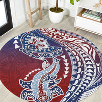 Hawaiian Manta Ray and Hammerhead Shark Tribal Tattoo Round Carpet with Polynesian Tribal Pattern Hawaii Flag Color